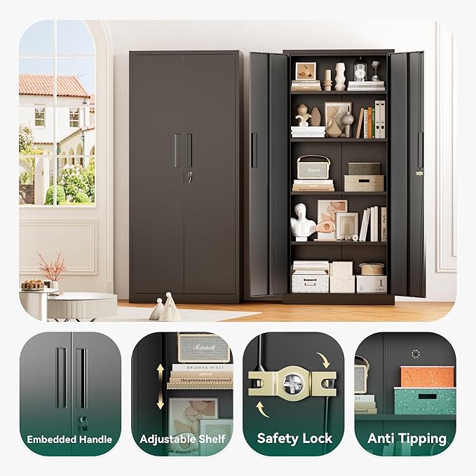 Greenvelly Metal Pantry Cabinet, 63”Tall Black Kitchen Pantry Storage Cabinets with 2 Lock Doors and 4 Adjustable Shelves for Home Office, Dinning Room,Garage
