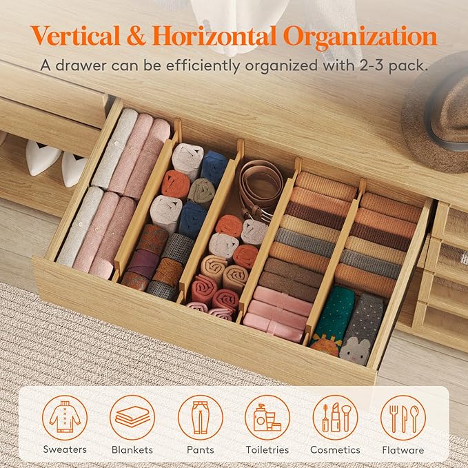Lifewit 6 Pack 6" Deep Bamboo Drawer Dividers, 17.5-22" Expandable Drawer Organisers for Clothes, Adjustable Dresser Drawer Divider, Clothing Drawers Separators for Dresser, Bedroom, Bathroom, Office