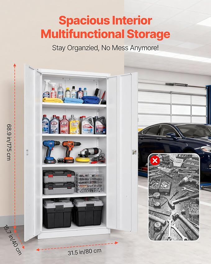VEVOR Metal Storage Cabinet, Lockable Steel Garage Cabinet with Adjustable Shelves, 2 Magnetic Doors, 2 Keys, 5-Tiers Tool Storage Locker for Home,Office,School,Pantry,Warehouse,Basement,Laundry,White