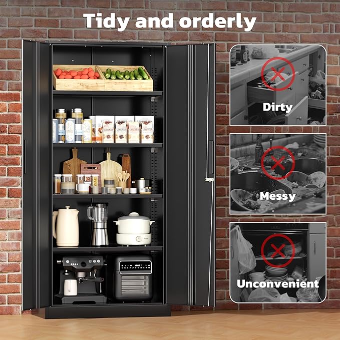 Greenvelly Metal Lockable Storage Cabinet, 72”Black Locked Storage Cabinet with 2 Doors and 4 Adjustable Shelves for Office, Home, Garage, Pantry (Assembly Required, 16”D)