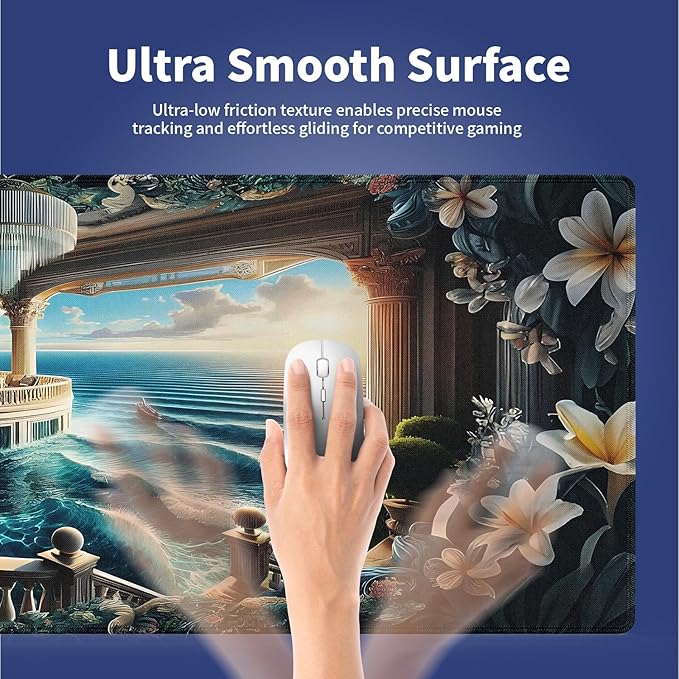 Wknoon. Extra Large Gaming Mouse Pad (31.5" x 11.8") with Durable Stitched Edges – Fantasy World Surreal Palace's Balcony to The Ocean Luxurious Seaside Oasis, Anti-Slip Base Extended XXL Desk Mat