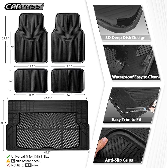 CAR PASS Universal Car Floor Mats & Cargo Liner Full Set, Waterproof Anti-Slip Rubber Trim to Fit Trunk Mats All Weather Protection Fit Car SUV Sedan Coupe Vehicle Automotive 5 Pieces, S-M Size Black