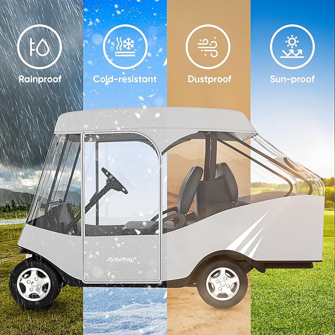 Rosefray Golf Cart Enclosure, 2+2 Drivable Rain Cover, Short Roof 58" - EZGO, Club Car - Durable Door Zipper - 4 Seater Golf Cart Cover Glowing at Night