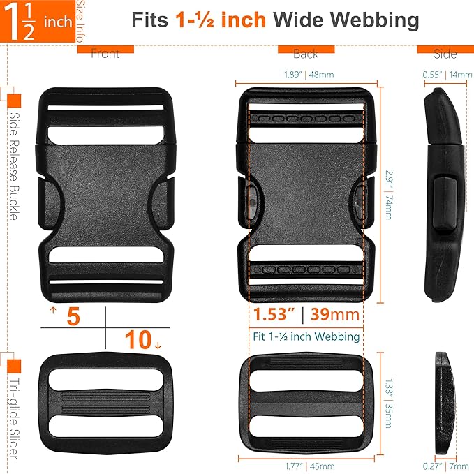 1-1/2 inch Straps Buckles Set: 6 yard Nylon Webbing Strap 1.5" Wide, 5 pack Side Release Plastic Buckle, 10 pcs Tri-glide Slide Clip, Heavy Duty Quick Snap Fasteners Dual Adjustable No Sew Required