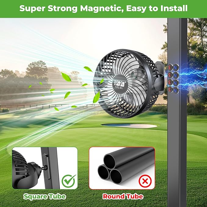 10L0L Magnetic Golf Cart Fan Rechargeable Big Battery Powered Portable Fan,3 Speeds/2 LED Light/56 Hrs Runtime /360°Rotatable with Magnetic Base,USB & Type C Ports,Cool Summer Golf Cart Accessories