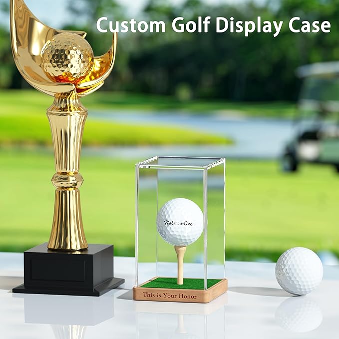 Custom Golf Ball Display Case – Single Golf Ball Holder Stand with Clear Acrylic Cover, Wood Base & Grass Pad – Hole-in-One Golf Gift for Men, Dad, Coach, Golfer (Customized, 4.9x3x2.9 inch)