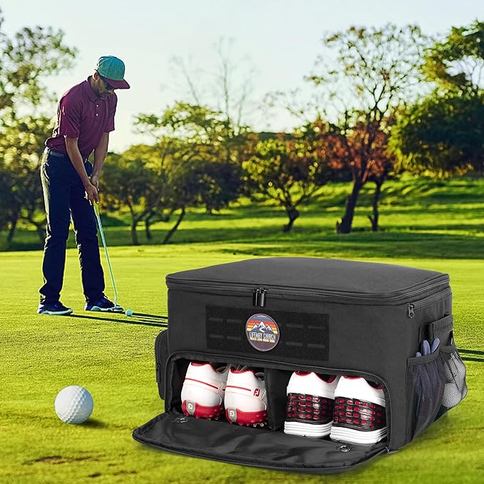 Golf Trunk Organizer Storage with Separate Compartment for 2 Pair Shoes Up to US Mens 16, Golf Car Locker Organizer for Balls, Tees, Clothes, Gloves, Accessories, Black