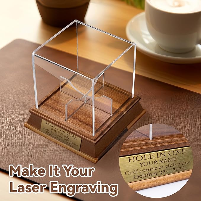 Golf Ball Display case - Custom Hole in one Golf Ball Box with Personalization Engraved Gold Plate - Dust Protection for Golf Ball Memorabilia