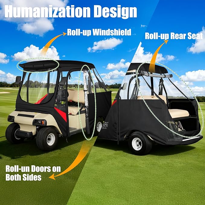 10L0L Golf Cart Driving Enclosure for Club Car DS 2/4 Passenger Short Roof Waterproof Windproof Heavy Duty 600D Rain Cover with 4-Sided Clear Windows & Durable Door Zipper, All-Weather Protection