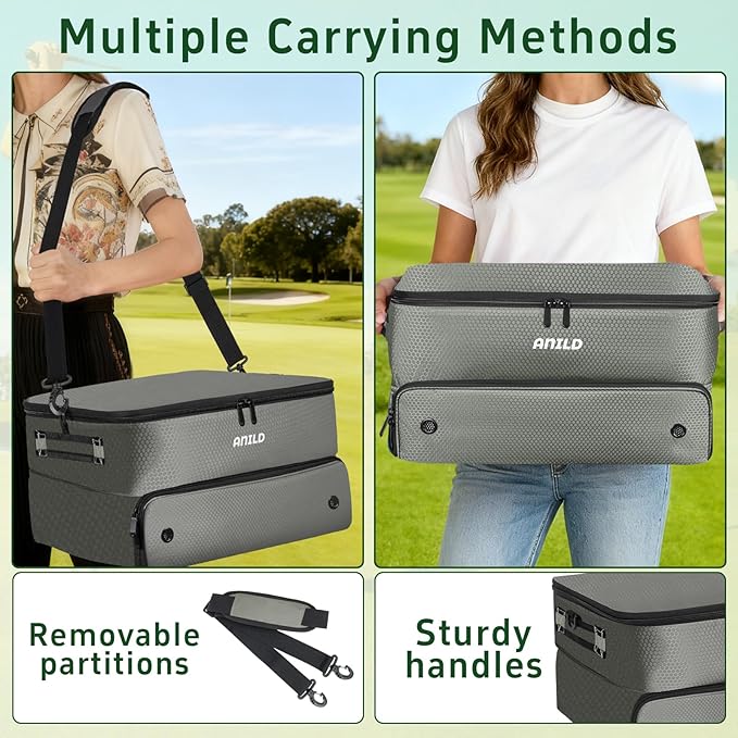 ANILD Golf Trunk Organizer, 2 Layer Golf Storage Case with Separate Ventilated Compartment for 2 Pair Shoes, for Balls, Tees, Clothes, Gloves, Accessories, Golfer Gifts