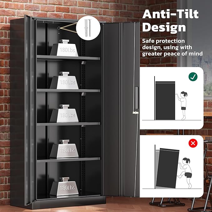 Greenvelly Metal Lockable Storage Cabinet, 72”Black Locked Storage Cabinet with 2 Doors and 4 Adjustable Shelves for Office, Home, Garage, Pantry (Assembly Required, 16”D)