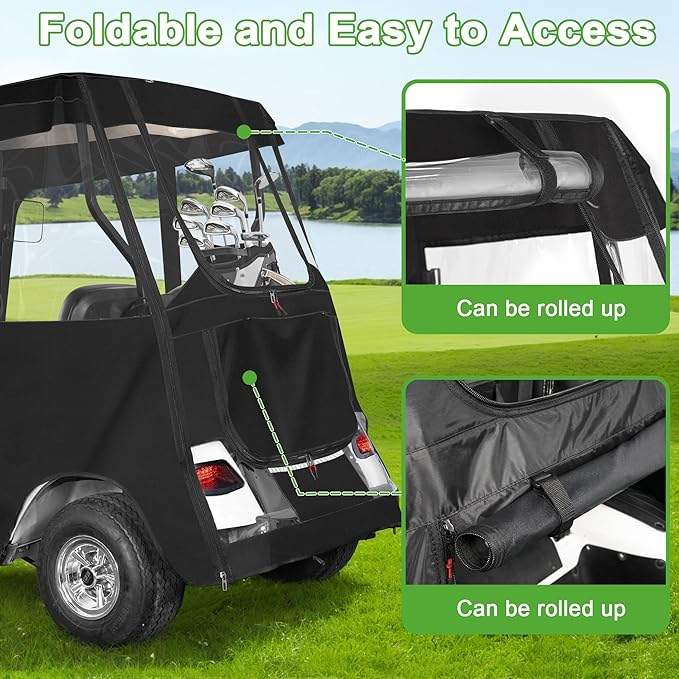 10L0L Golf Cart Deluxe Enclosure for EZGO TXT & RXV 2 Passenger, 4-Sided Clear PVC Window Rain Cover with Zipper Entry, Black