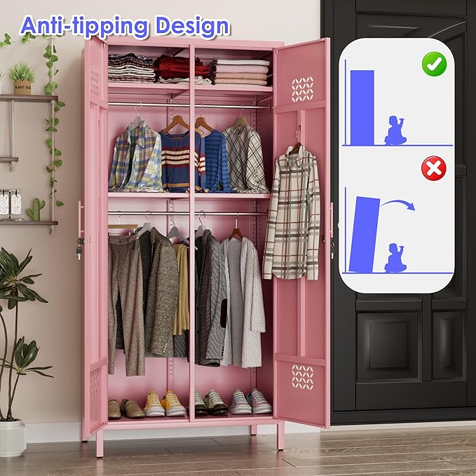 METAN 2 Door Metal Storage Lockers for Employees, Lockable Steel Storage Lockers with Hanger and Adjustable Shelves,Assembly Required,Pink