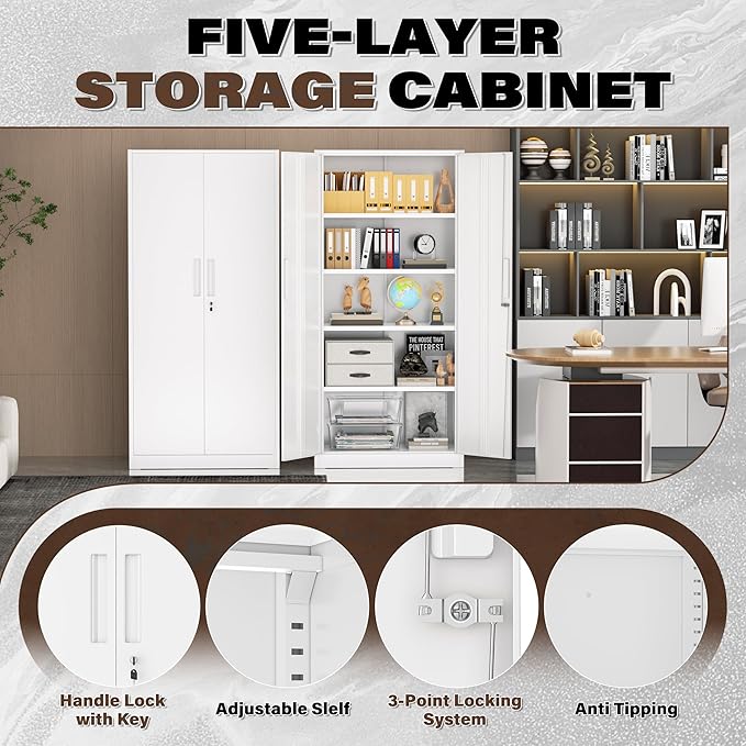 Incbruce 72” Metal Storage Cabinet, Locking Tall Steel Storage Cabinet with 2 Doors and 4 Adjustable Shelves for Garage, Home, Office (White)