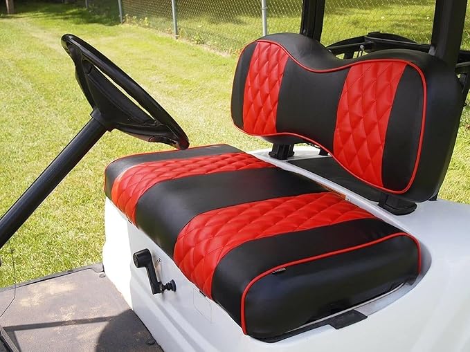Huskey 2PCS Golf Cart Front Seat Covers for EZGO Medalist/TXT 94-13 Custom Two-Tone Black/Red Diamond Stitching with Red Piping, Marine Grade Vinyl Material, Staple on Design