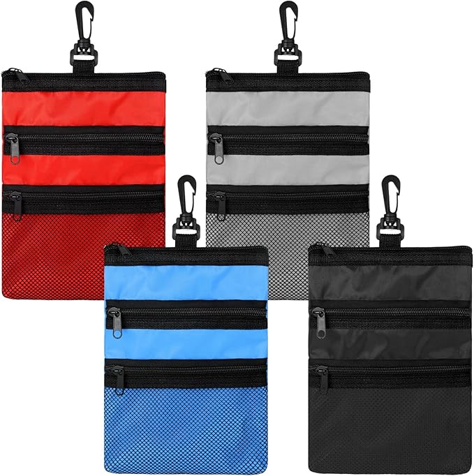 4 Pcs Golf Tee Holder 3 Zippered Golf Pouch Bag for Valuables Portable Ball Accessory Pouch for Men with Clip to Bag for More Storage, Easy Access, Black, Red, Blue, Gray