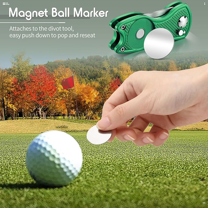 Skylety 4 Pcs Golf Divot Repair Tool Metal Foldable Golf Divot Tool with Magnetic Pop-up Button Ball Marker Stainless Steel Switchblade for Golfers Prizes