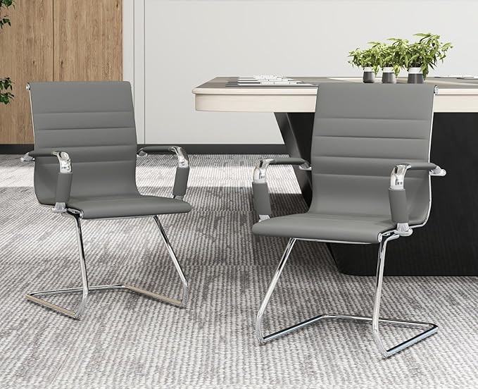 CIMOTA Waiting Room Chairs Leather Office Guest Chair Mid Back Reception Chairs with Sled Base for Meeting/Patient/Conference Room, Grey Set of 2