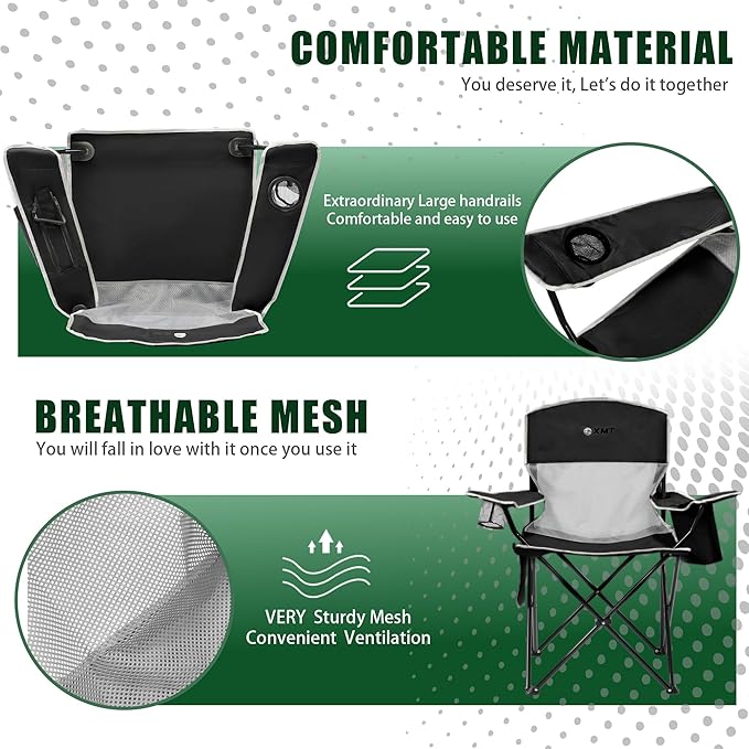 Portable Outdoor Folding Chair with Cup Holder & Cooler Bag - Breathable Mesh, Wide Armrests, Ergonomic Design for Camping, Beach, Backyard - Includes Storage Bag & Bottle Opener (Black/Green/Red)