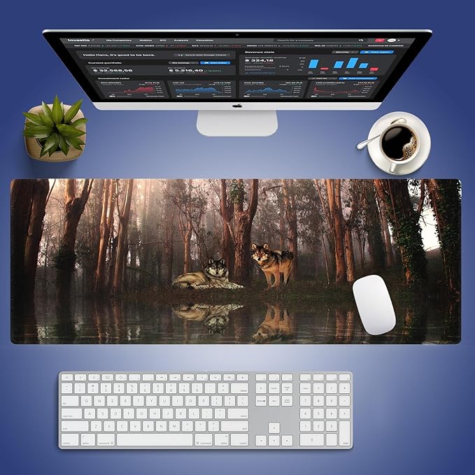 Wknoon. Extra Large Gaming Mouse Pad (31.5" x 11.8") with Durable Stitched Edges – Serene Forest Refuge A Pair of Wolves, Anti-Slip Rubber Base & Smooth Fabric Surface Extended XXL Desk Mat