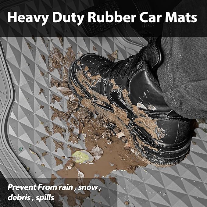CAR PASS Heavy Duty Rubber Car Mats, Gray Deep Dish All-Weather Car Floor Mat Full Set Durable Anti-Slip 3D Rhombus Waterproof Trim Fit Liner Universal Fit Automotive,Sedan,SUV,Truck, 3 Pcs Light Gray