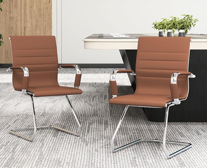 CIMOTA Waiting Room Chairs Leather Office Guest Chair Mid Back Reception Chairs with Sled Base for Meeting/Patient/Conference Room, Coffee Set of 2