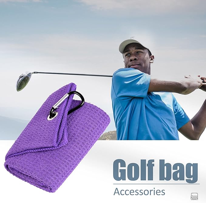 Mile High Life Tri-fold Golf Towel | 16" X 24" | Premium Microfiber Fabric | Waffle Pattern | with Heavy Duty Carabiner Clip | for Men and Women (2 Pack Purple)