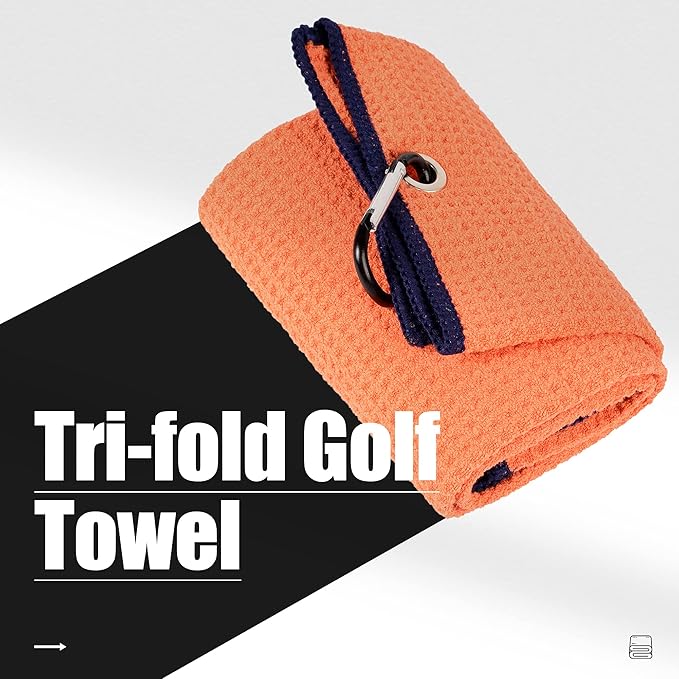 Mile High Life Tri-fold Golf Towel | Premium Microfiber Fabric | Waffle Pattern | with Heavy Duty Carabiner Clip | Golf Towel for Men and Women (Orange)