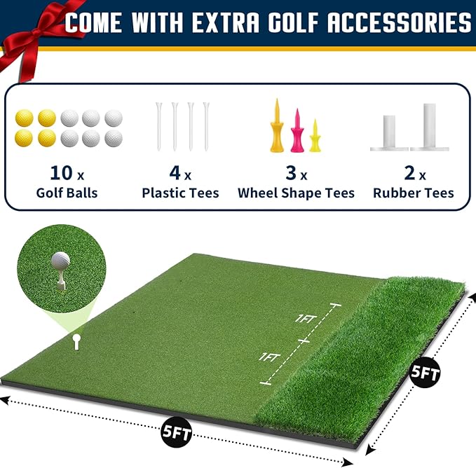 Dual-Turf Golf Mat 36mm: 5x4ft/5x5ft Extra Thick Golf Hitting Mats Practice Outdoor Indoor, High-Density Artificial Hitting Training Matt for Garage Simulator Chipping Driving Swing