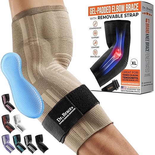 DR. BRACE® Elite Elbow Brace Support, Breathable Elbow Compression Sleeve with Gel Pad for Golfer's, Tennis Elbow & Tendonitis Treatment & Pain Relief 2024 (Nude (Beige), X-Large)