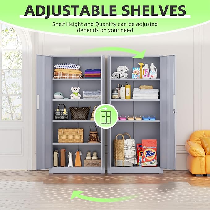 SUNCROWN 72" Metal Storage Cabinet - Heavy-Duty Metal Garage Cabinet with 4 Adjustable Shelves & 2 Doors for Tools, Office, Home, Workshop,Cement Grey-Small