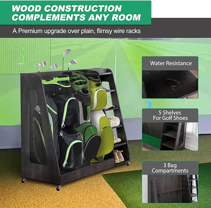 Golf Bag Organizer Storage Rack Stand Holder Fits Extra Large Golf Club Bags and Multiple Golfing Equipment Accessories for Garage Home Simulator and Office