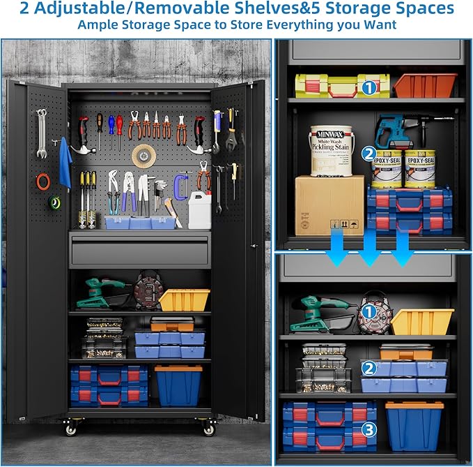 SUXXAN 71" Metal Garage Storage Cabinet with 16 Hooks and Pegboards,1 Drawer Inside Rolling Tool Storage Cabinet with Adjustable Shelves,3 Metal Hanging Rod for Garage,Warehouse