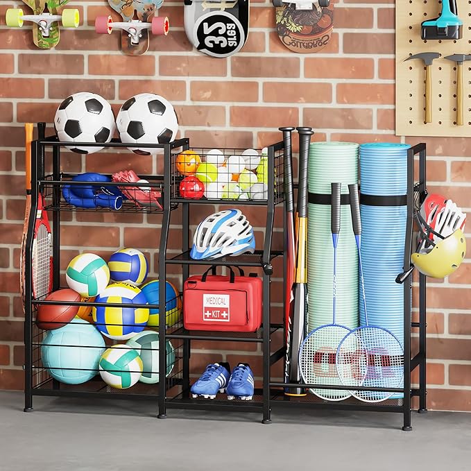 Sonyabecca Golf Bag Stand Golf Storage Organizer for Garage with Basket and Hooks, Storage Rack for 2 Golf Bag, Golf Gift for Men Sports Equipment Organizer, Two Assembly Methods