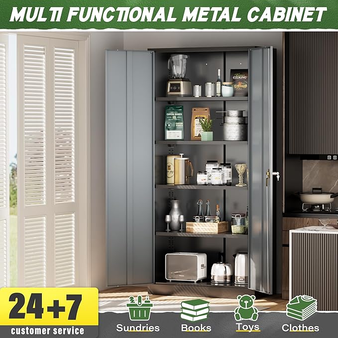 Greenvelly Metal Storage Cabinet,72 Inch Lockable Storage Cabinet with Doors and 4 Adjustable Shelves,Garage Storage Cabinets for Home,School,Gym(Black Grey)