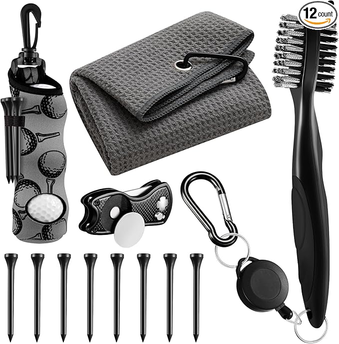 Liliful 12 Pcs Golf Accessories Kit, Include Golf Ball Bag with Hook Towel Tees Magnetic Ball Marker Divot Tool Cleaner Brush for Women Man Gifts