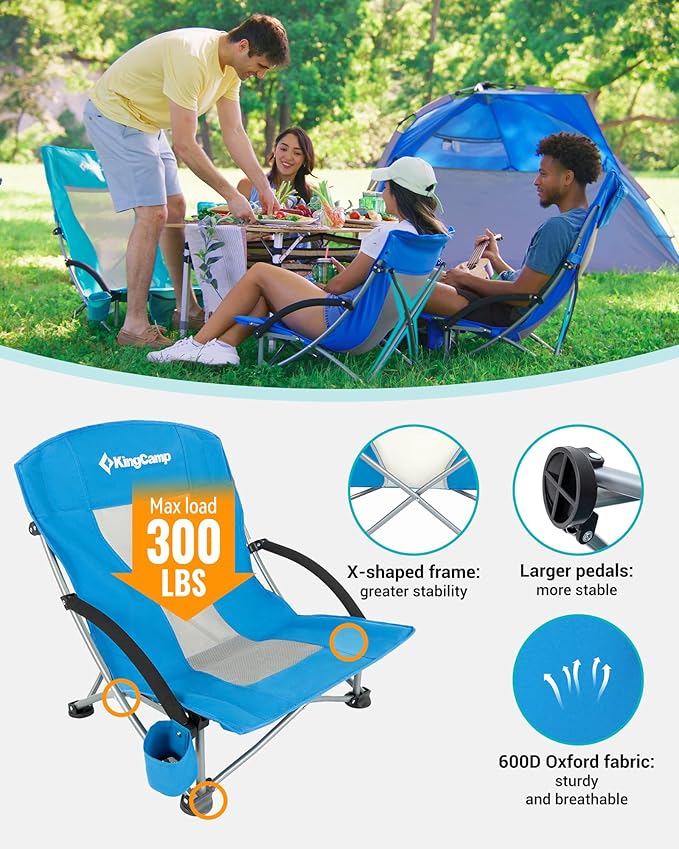 KingCamp Low Beach Chairs, Folding Portable Chair for Adults Lightweight Extra Wide Seat 300lbs Heavy Duty Oversized Backpack, Carry Bag for Camping