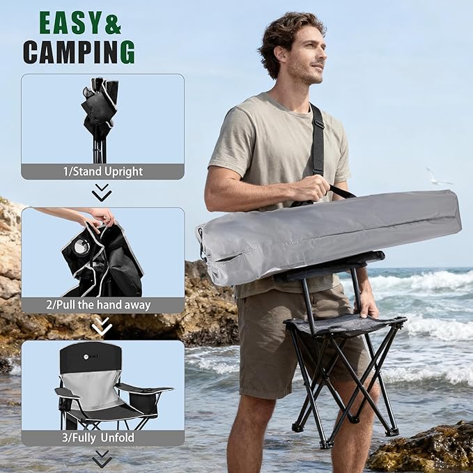 Portable Outdoor Folding Chair with Cup Holder & Cooler Bag - Breathable Mesh, Wide Armrests, Ergonomic Design for Camping, Beach, Backyard - Includes Storage Bag & Bottle Opener (Black/Green/Red)