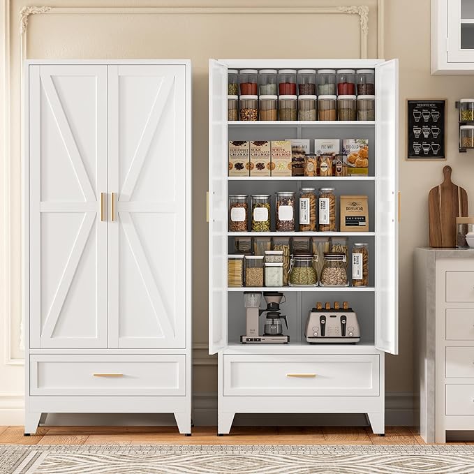 71"Tall Metal Storage Cabinet with Drawer and 4 Adjustable Shelves,Farmhouse Kitchen Pantry Storage Cabinet with Doors, Freestanding White Locker Cabinets for Office,Dining Room,Bathroom(White)