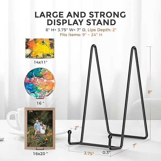 TR-LIFE 4 Pack 8 Inch Large Plate Stands for Display - Holder Stand + Metal Frame for Picture, Book, Decorative Platter, Photo Easel