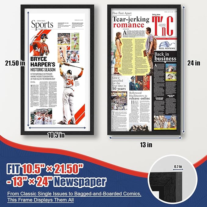 JupDec 11 × 22 Up to 13 × 24 Newspaper Frame, Premium Wood Display Case with Acrylic Panel, Wall Mount or Tabletop Stand, Perfect for Home & Office Decor, Ideal Gift for Collector, 6 Pack, White