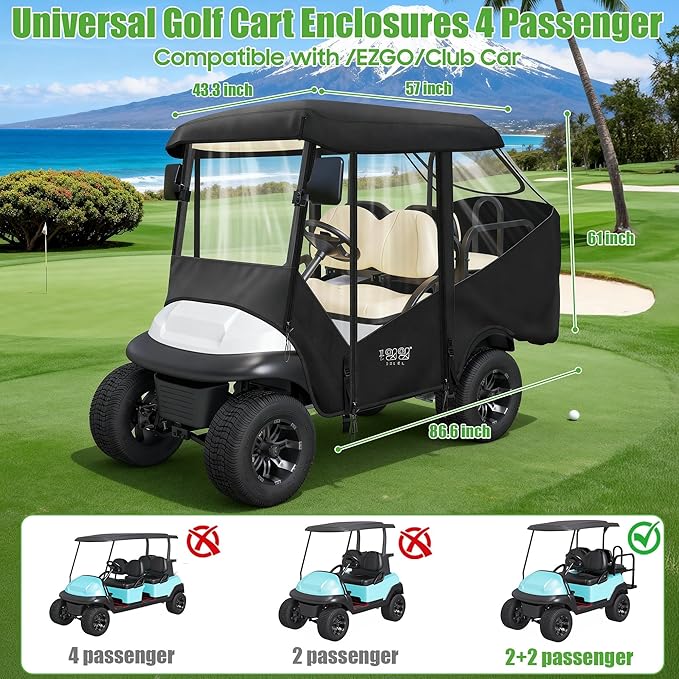 10L0L Golf Cart Enclosure 4 Passenger for EZGO TXT & Club Car Precedent DS Tempo Onward, 57" Short Roof Waterproof Windproof Rain Cover with Heavy-Duty 600D Fabric & Clear Windows Roll-up Door