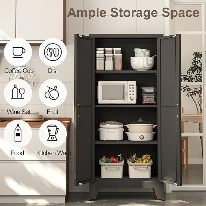 61H Metal Storage Cabinet with 2 Doors and Adjustable Shelves,Farmhouse Storage Cabinet with Barn Doors,Pantry Storage for Home,Office,Bathroom,Dining Room,Kitchen(Black)