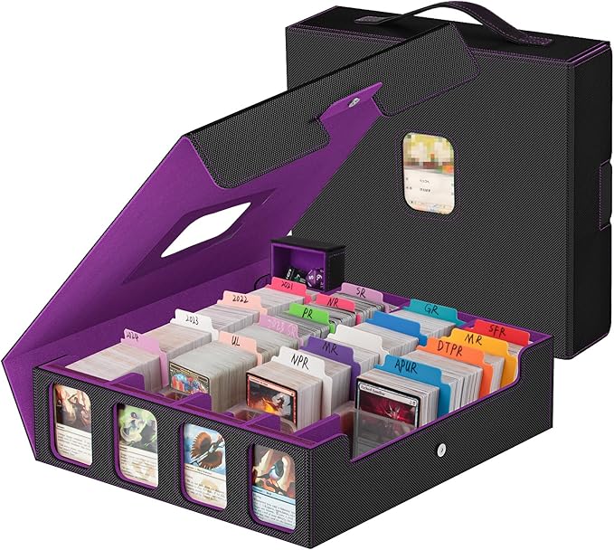 Trading Card Storage Box - 3200+ MTG Deck Box with Commander Display & Portable Handle, 4-Row Card Case Compatible for MTG/TCG/Magic Cards, 30 Colorful Divider, 8 Card Supporters (Black & Purple)