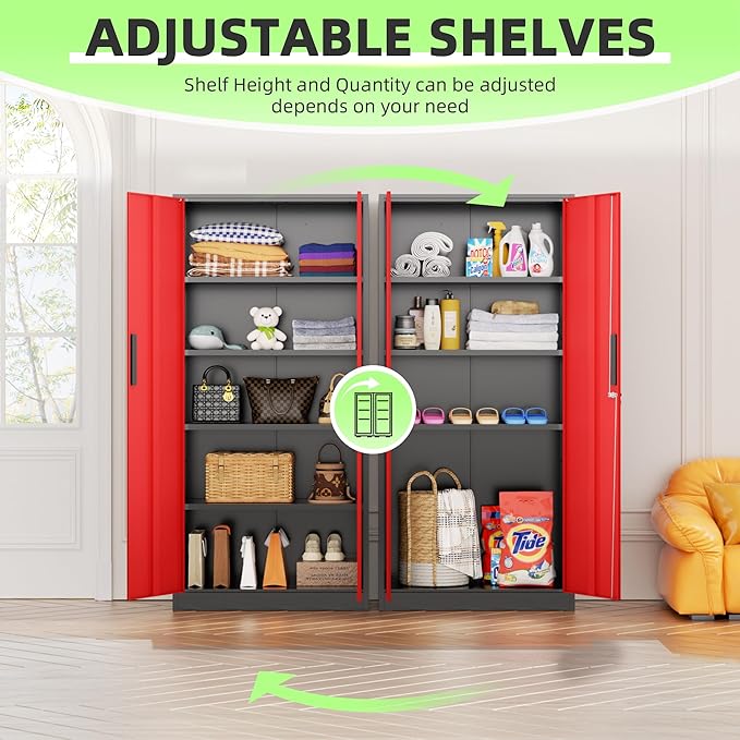 INTERGREAT Metal Storage Cabinet, 72" Locking Steel Cabinets with 2 Door and 4 Adjustable Shelves, Tall Metal Cabinet for Home Office, Garage, Warehouse,(Black+Red)