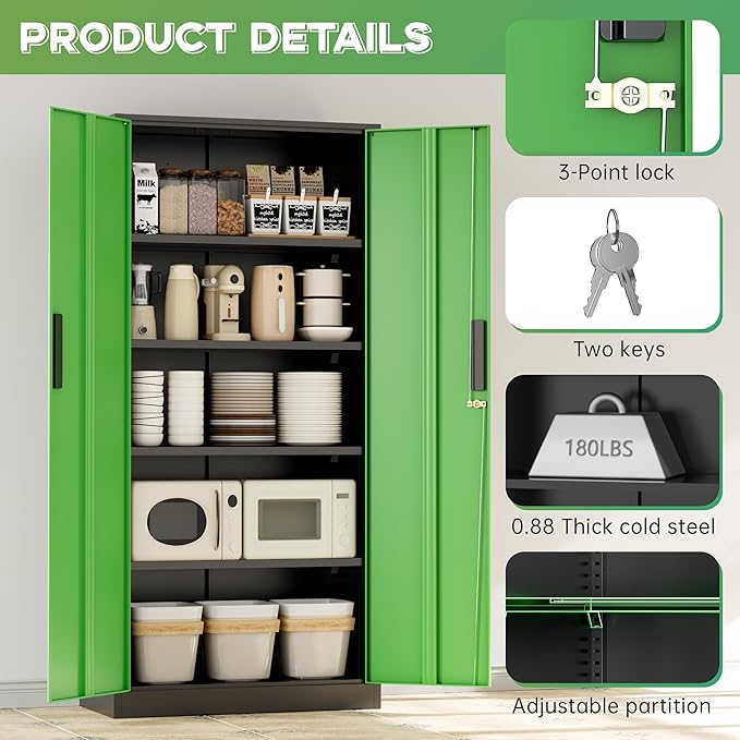 INTERGREAT Metal Storage Cabinet,72" Steel Lockable File Cabinet with Locking Doors and Adjustable Shelves,Locking Tool Cabinets for Office,Home,Garage,Gym,School (Black Green)