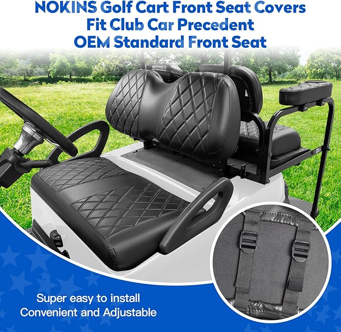 NOKINS Golf Cart Seat Covers for Club Car Precedent, Vinyl Front&Rear Seat Cover with Flip-Up Armrests kit, with Cup Holder, for 1" Square Tube (Black&Black Stitching)