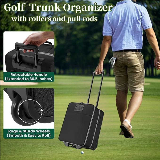Golf Trunk Organizer with Wheels, 2 Layer Waterproof Golf Organizer for Car, Separate Ventilated Compartment for 2 Pair Shoes, Storage for Clothes & Accessories, Golf Gifts for Men & Accessory ﻿