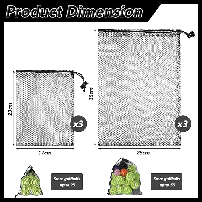 6 Pcs Mesh Bags with Drawstring, Golf Ball Mesh Bag with Drawstring, Nylon Mesh Golf Ball Bags, Nylon Bag for Pool Toys, Tennis Balls, Beach Travel Accessories(2 Sizes)