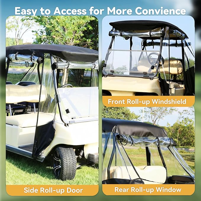 Golf Cart Enclosure Rain Cover 2&4Passenger, EZGO TXT RXV/Club Car Ds&Precedent and Yamaha, 600D Rain Cover Waterproof Windproof Snowproof and All-Weather Protection